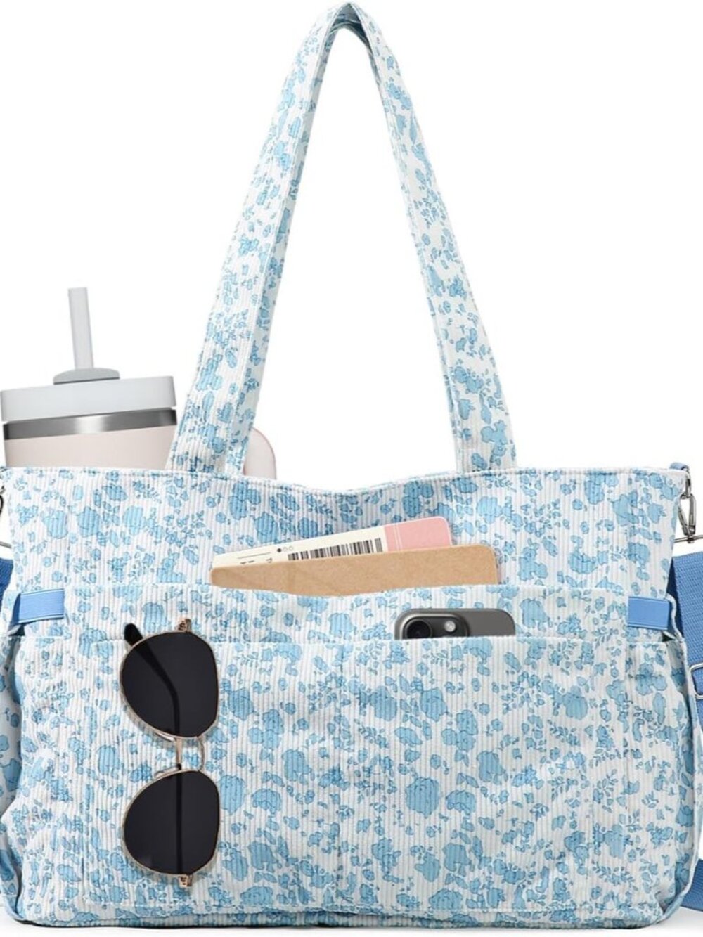 Corduroy Tote Bag for Women, Lightweight Work Teacher Nurse Tote with Zipper & P